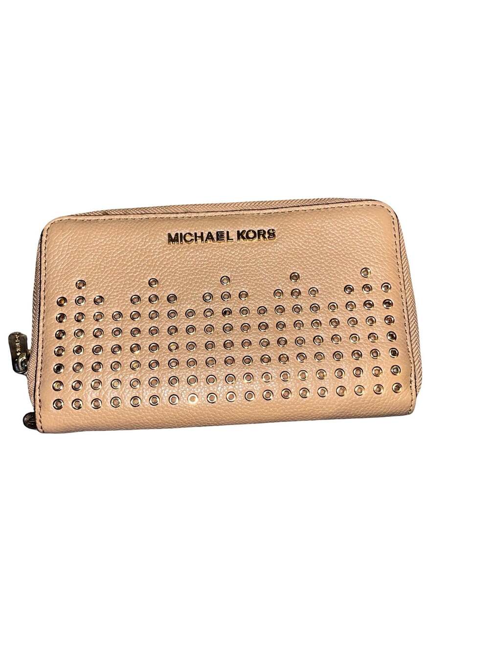 Michael Kors Hayes Soft Pink Pebble Leather Studded Zip Around Wristlet Wallet